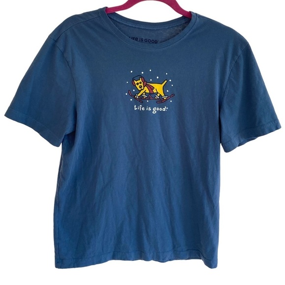 Life is Good Blue Graphic T-Shirt with Dog Graphic - Picture 1 of 4